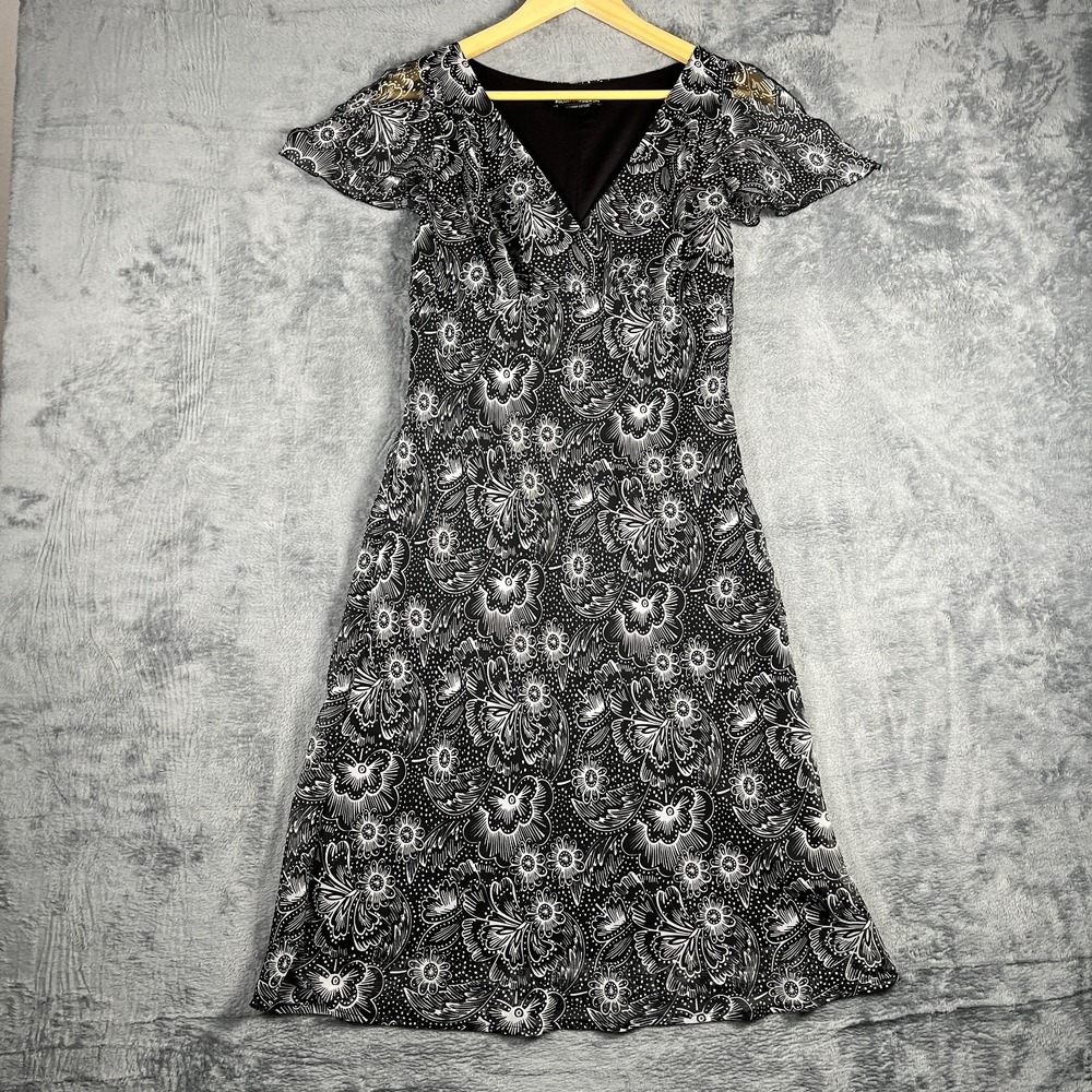 Faith Passion A Line Dress Womens 10 Black White Floral Surplice V Neck H631025V
